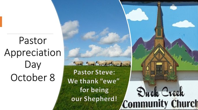Please join us for Pastor Appreciation Day on October 9 to recognize Pastor Steve and Roddie with special prayers, music, and a Mexican lunch following the service. We look forward to seeing you!