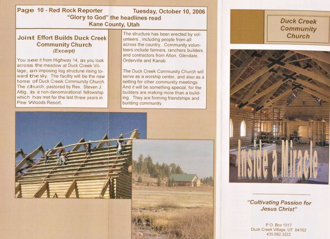 Historical photographs and information related to the prayers and teamwork that led to the construction of Duck Creek Community Church are highlighted in this brochure printed many years ago. See page two of the brochure below.